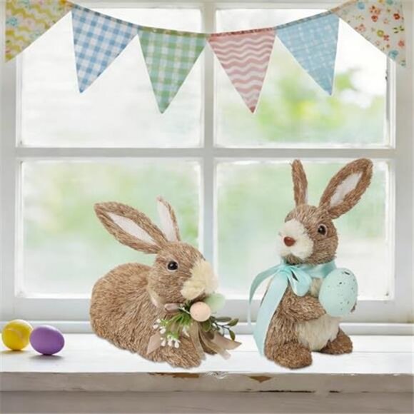 Set of 2 Easter Decorations Bunny Figurines with Eggs Spring Straw - Picture 11 of 14